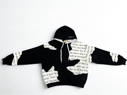 Black hoodie with printed text on a white background