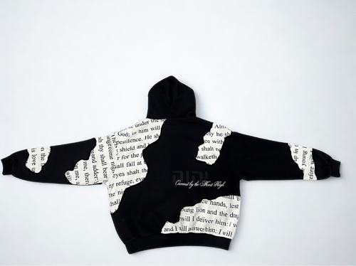 Black and white hoodie with text design on a white background