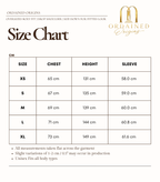 Size chart for clothing with measurements in centimeters, featuring the brand 'Ordained Origins'.