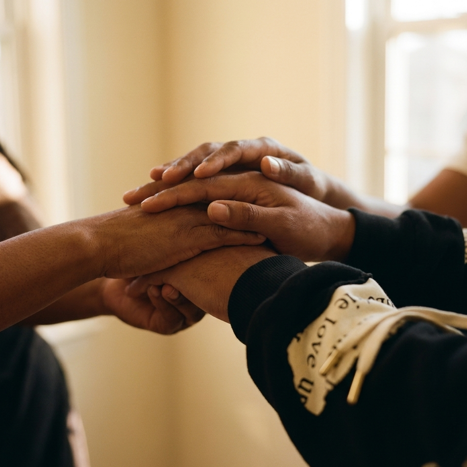 A close-up shot of multiple people's hands stacked together in a supportive gesture, wearing black and cream sweatshirts in a warm, softly lit indoor setting.