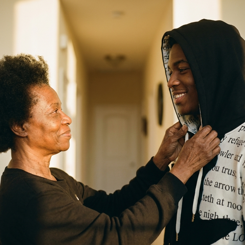 An older woman adjusts the hood and zipper area of a young man's black hoodie, which has white text printed on the front. They are standing in a warmly lit hallway.
